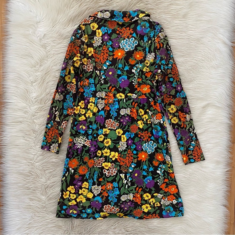 Vintage 70s Retro Dark Floral Button Front Long Sleeve Mini Dress Orange Blue - Picture 6 of 16